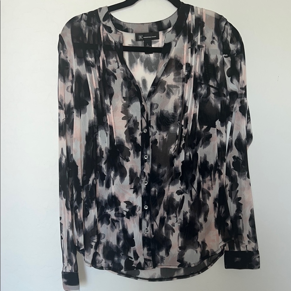 INC International Concepts Black and Pink Graphic Buttoned Blouse